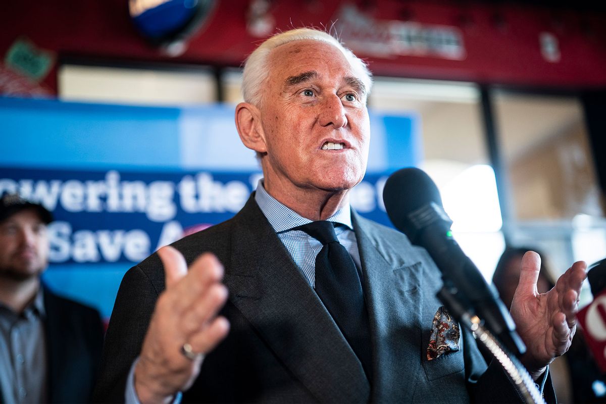 Roger Stone speaking during a press conference at Beths Burger Bar, across the street from the Conservative Political Action Conference, on Feb. 25, 2022, in Orlando. (Jabin Botsford/The Washington Post via Getty Images)