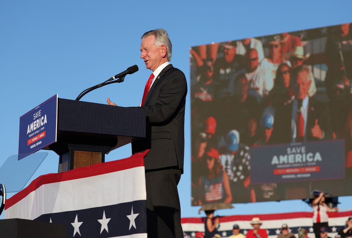 Sen. Tommy Tuberville (R-AL) speaks during a campaign rally at Minden-Tahoe Airport on October 08, 2022 in Minden, Nevada.  (Justin Sullivan/Getty Images)