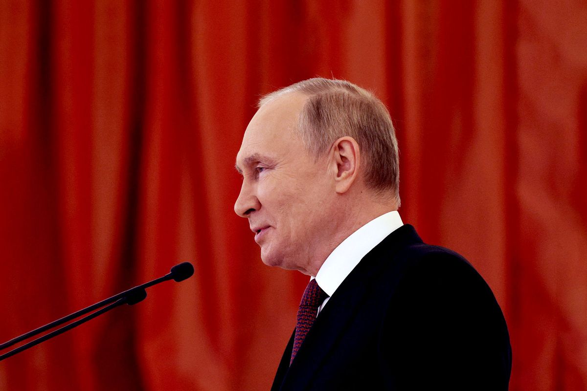 Russian President Vladimir Putin delivers a speech during a ceremony to receive credentials from foreign ambassadors to Russia at the Alexander Hall of the Grand Kremlin Palace in Moscow on September 20, 2022. (GAVRIIL GRIGOROV/SPUTNIK/AFP via Getty Images)