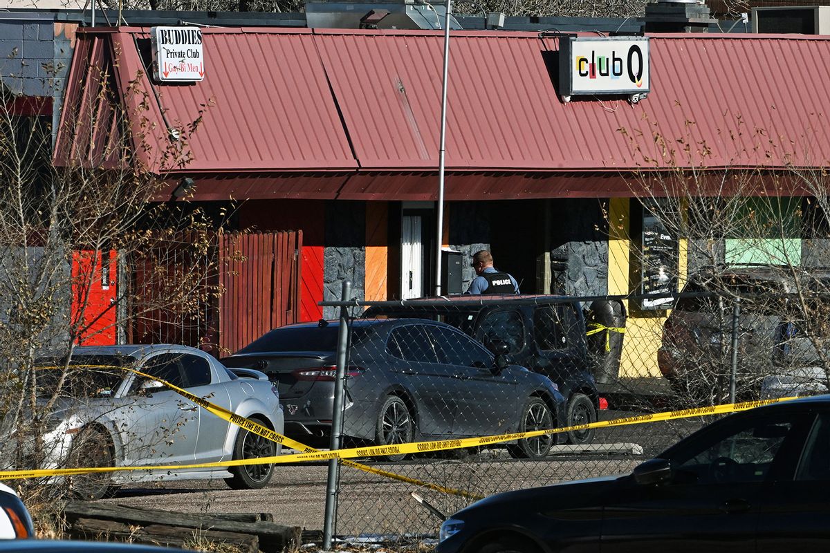 Colorado Springs police investigate the scene of a mass shooting at Club Q on November 20, 2022 in Colorado Springs, Colorado. (Helen H. Richardson/MediaNews Group/The Denver Post via Getty Images)