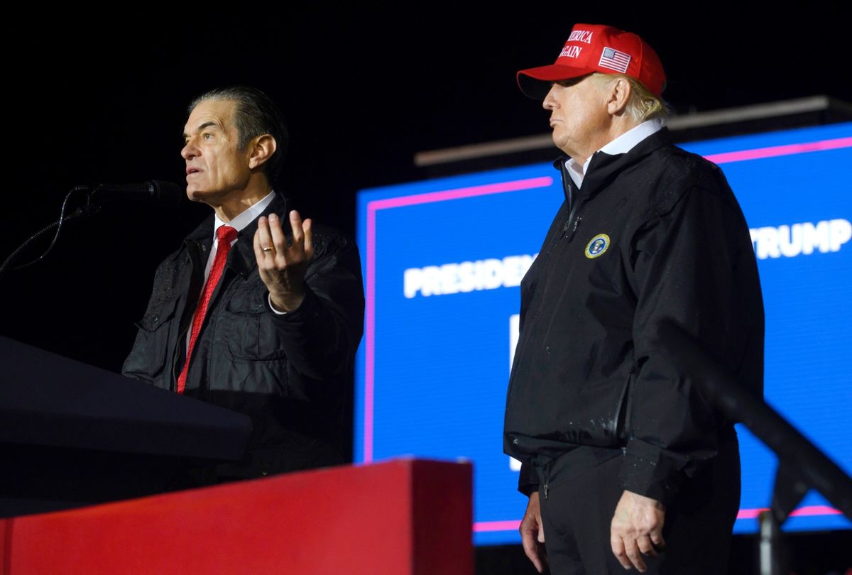 Pennsylvania Republican U.S. Senate candidate Dr. Mehmet Oz joins former President Donald Trump onstage during a rally at the Westmoreland County Fairgrounds on May 6, 2022 in Greensburg, Pennsylvania. (Jeff Swensen/Getty Images)