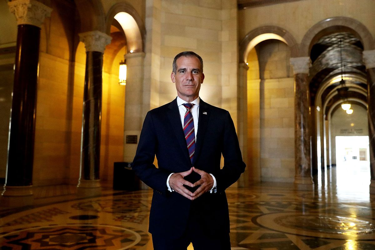 Los Angeles Mayor Eric Garcetti was selected by President Joe Biden as his nomination for U.S. Ambassador to India, pending Senate confirmation, at City Hall on Friday, July 9, 2021 in Los Angeles, CA. (Gary Coronado / Los Angeles Times via Getty Images)