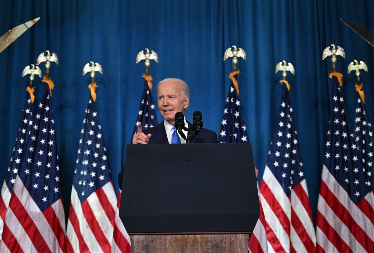 US President Joe Biden speaks at a Democratic National Committee event at the Columbus Club in Union Station, Washington, DC (JIM WATSON/AFP via Getty Images)