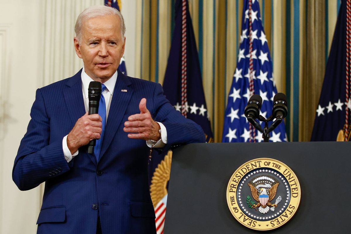 U.S. President Joe Biden takes questions from reporters, after he delivered remarks in the State Dining Room, at the White House on November 09, 2022 in Washington, DC. (Samuel Corum/Getty Images)