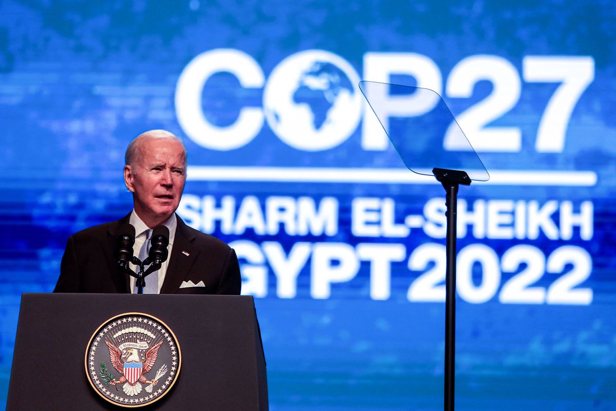 US President Joe Biden delivers a speech during the 2022 United Nations Climate Change Conference, more commonly known as COP27, at the Sharm El Sheikh International Convention Centre, in Egypt's Red Sea resort of Sharm El Sheikh, Egypt on November 11, 2022. (Mohamed Abdel Hamid/Anadolu Agency via Getty Images)