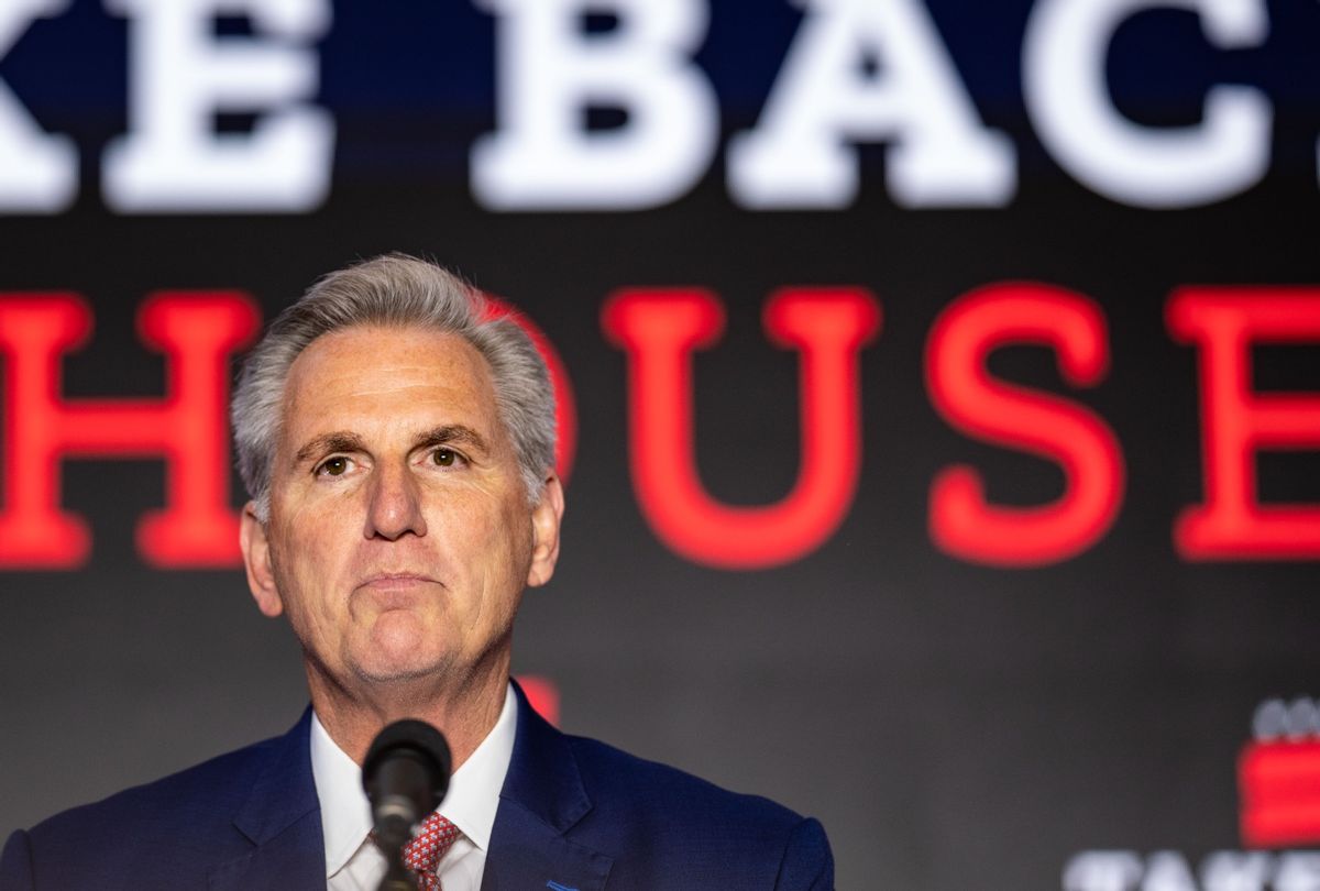 House Minority Leader Kevin McCarthy (R-CA), addresses a crowd during an election night watch party at the National Ballroom at The Westin, City Center on Wednesday, Nov. 9, 2022 in Washington, DC. (Kent Nishimura / Los Angeles Times via Getty Images)
