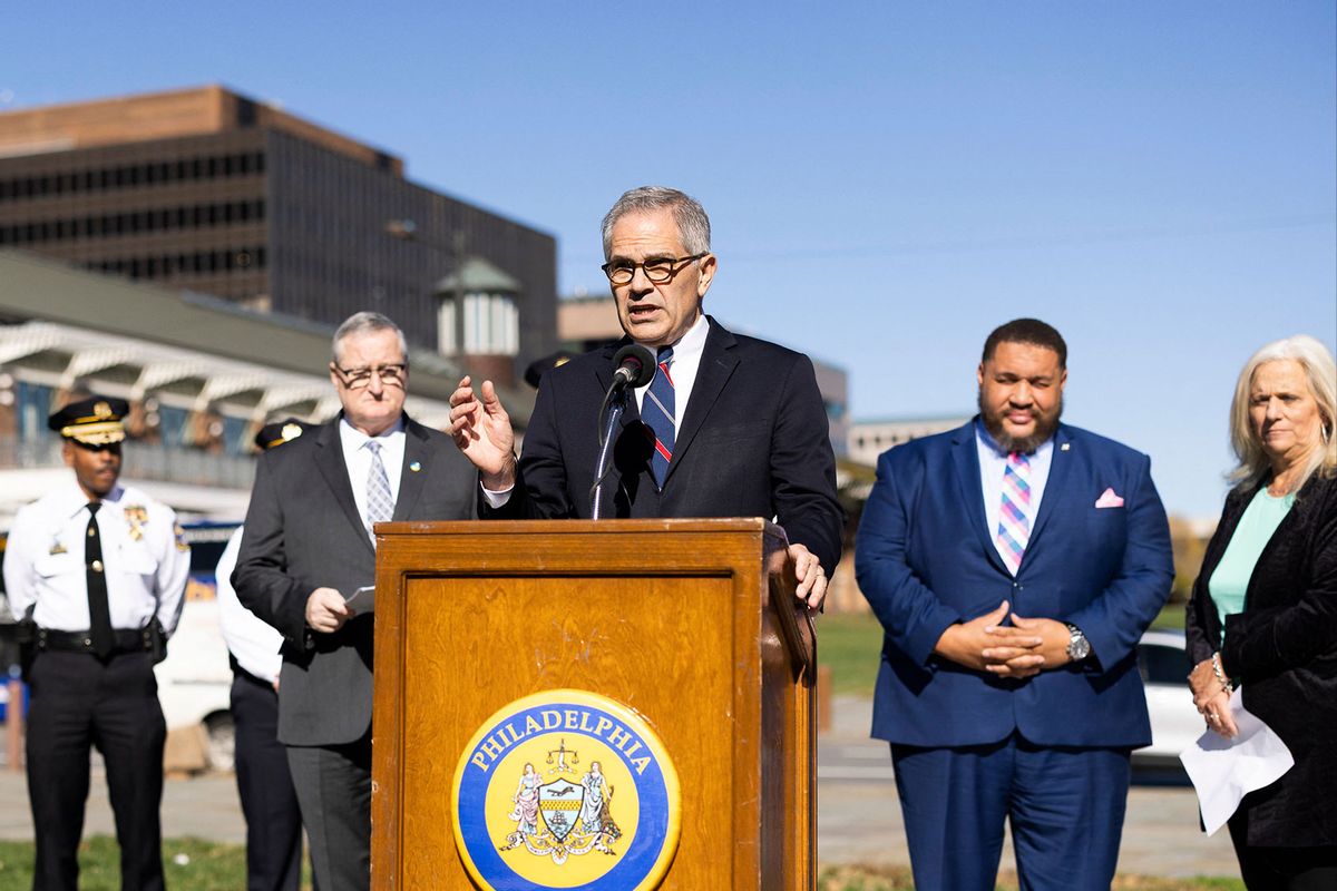 Philadelphia District Attorney Larry Krasner speaks to reporters on Independence Mall about his office's Election Task Force and Election Day security in Philadelphia, Pennsylvania, on November 7, 2022. (RYAN COLLERD/AFP via Getty Images)