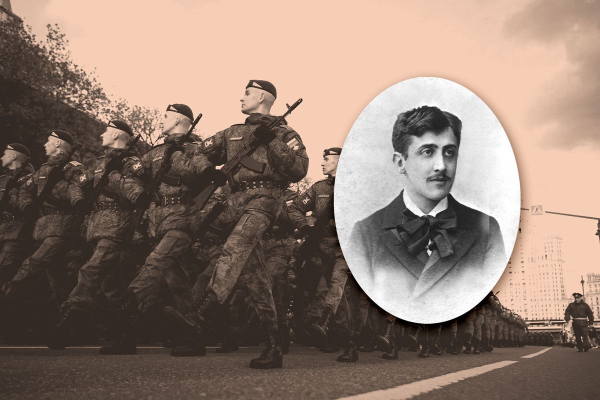 French writer Marcel Proust | Russian servicemen march as they take part in a rehearsal of the Victory Day military parade, in central Moscow on May 4, 2022 (Photo illustration by Salon/Getty Images)