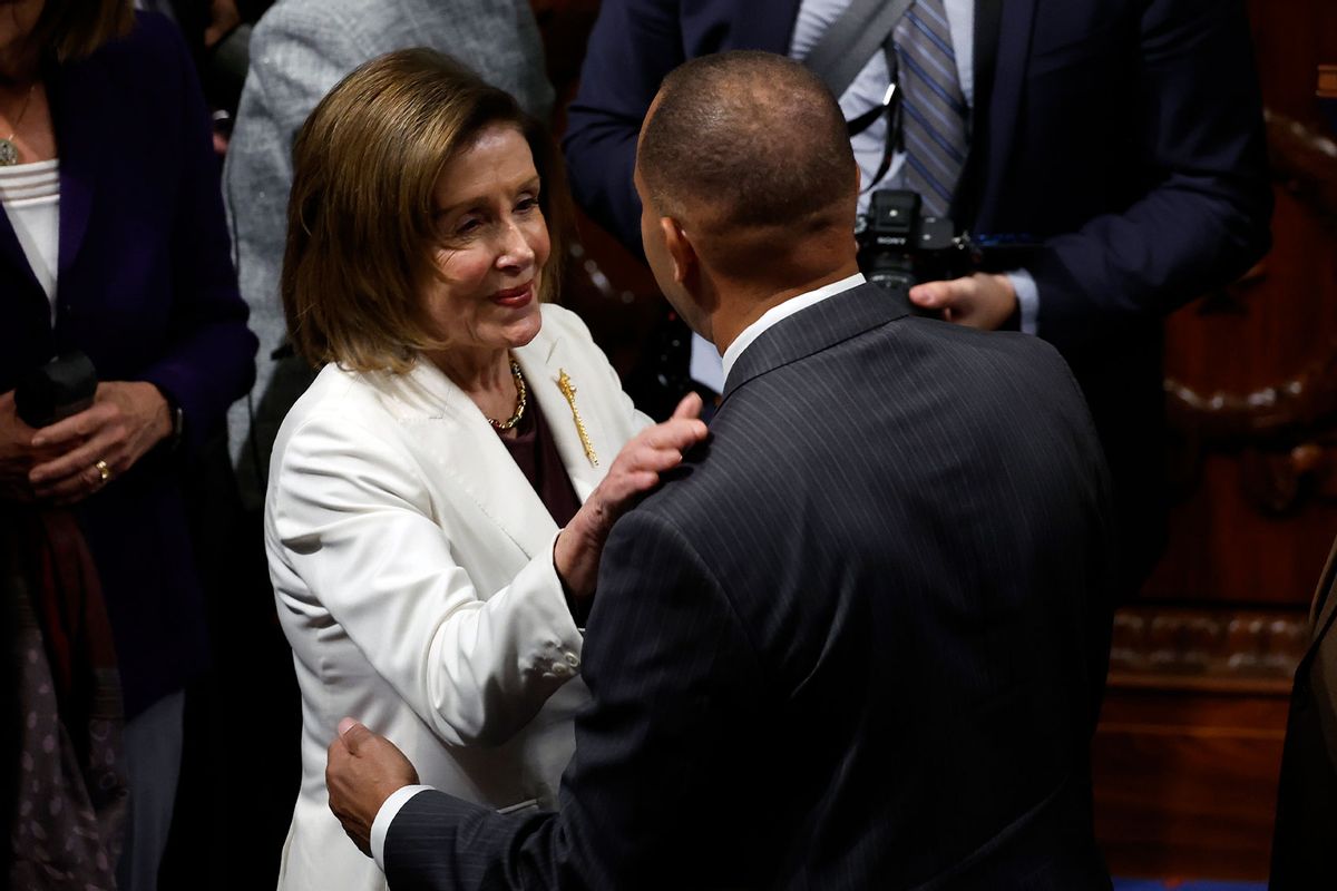 U.S. Speaker of the Nancy Pelosi (D-CA) talks to House Democratic Conference Chairman Rep. Hakeem Jeffries (D-NY) after Pelosi delivered remarks from the House Chambers of the U.S. Capitol Building on November 17, 2022 in Washington, DC. (Anna Moneymaker/Getty Images)