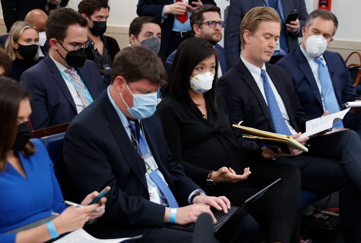 Peter Doocy and other reporters at daily news conference in the Brady Press Briefing Room at the White House on April 07, 2022 in Washington, DC. (Chip Somodevilla/Getty Images)