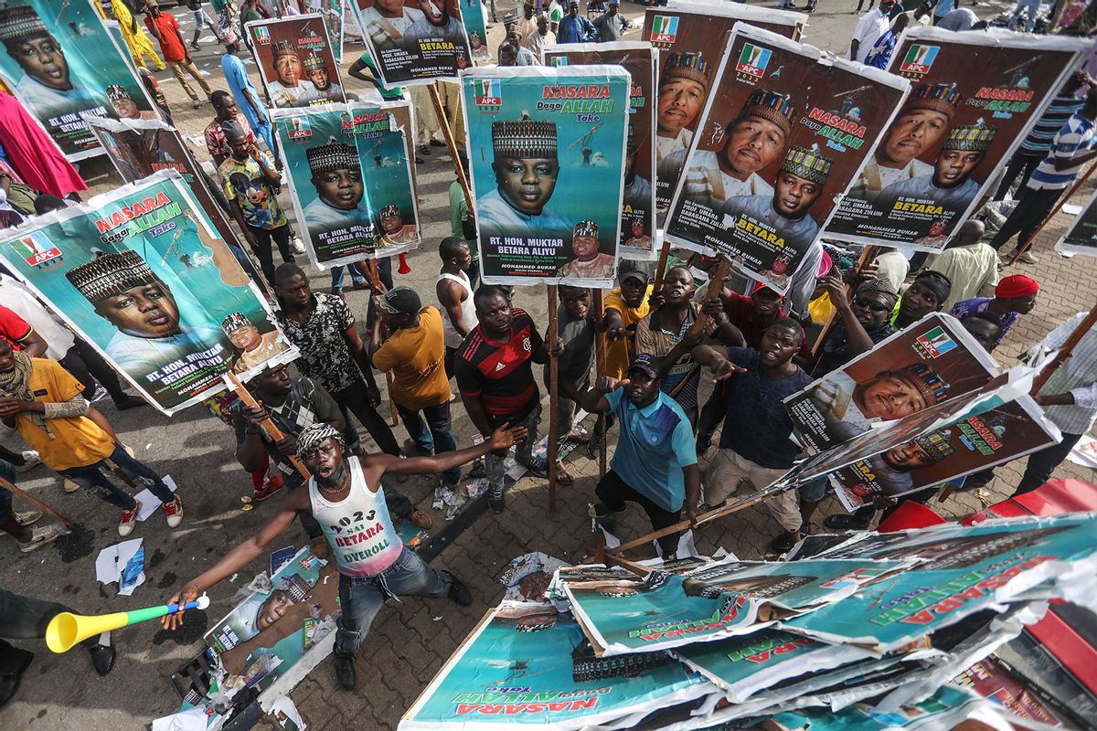 A crowd of the Nigerias ruling political party supporters, the All Progressive Congress, gather outside the partys National Convention, in Abuja, Nigeria, March 26, 2022. (KOLA SULAIMON/AFP via Getty Images)