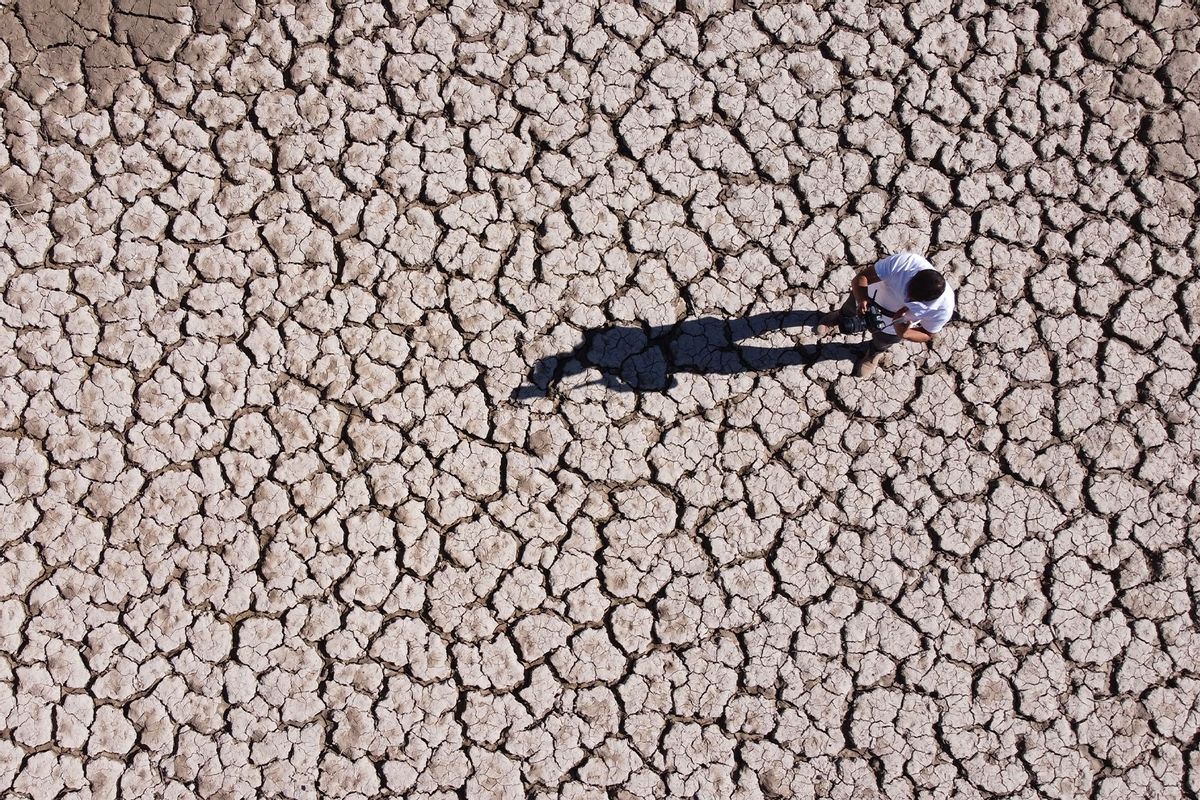 An aerial view of the almost dried up Zernek Dam due to the heat and excessive evaporation in the last months in Gurpinar district of Van, Turkiye on September 28, 2022. (Necat Hazar/Anadolu Agency via Getty Images)