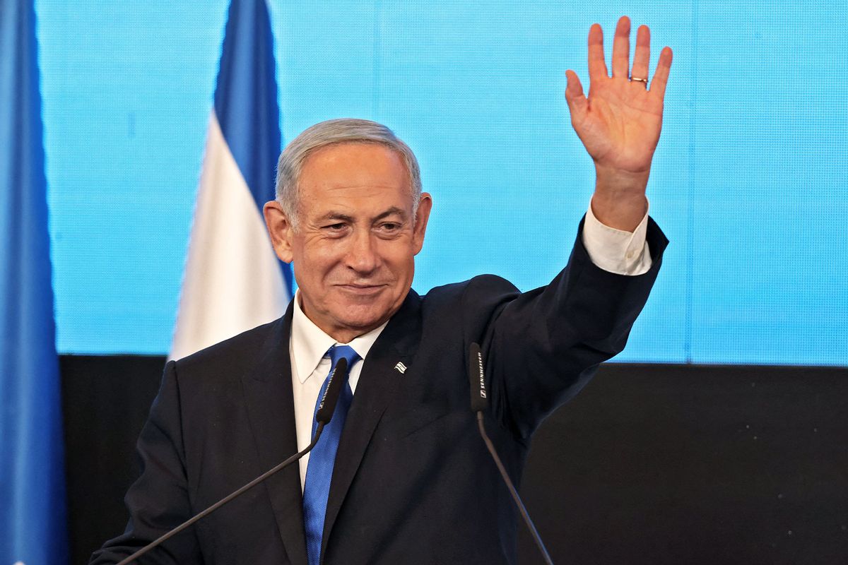 Israel's ex-premier and leader of the Likud party Benjamin Netanyahu addresses supporters at campaign headquarters in Jerusalem early on November 2, 2022, after the end of voting for national elections. (RONALDO SCHEMIDT/AFP via Getty Images)