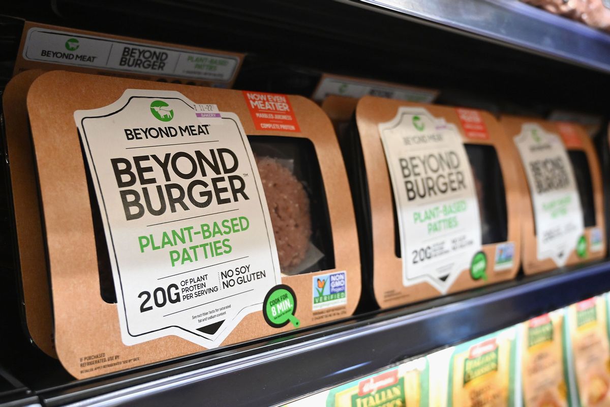 In this file photo taken on November 15, 2019 Beyond Meat "Beyond Burger" patties made from plant-based substitutes for meat products sit on a shelf for sale in New York City. (ANGELA WEISS/AFP via Getty Images)