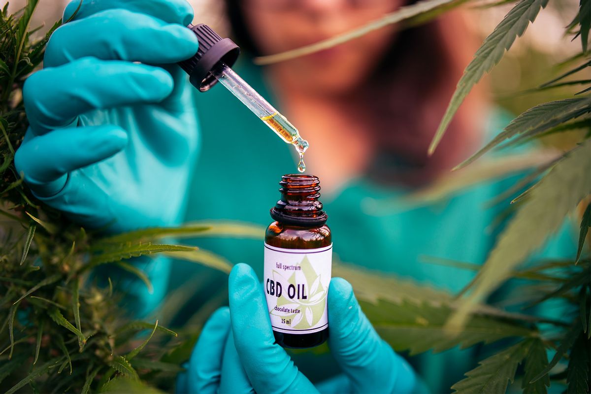 Woman holding bottle with CBD oil in a hemp field (Getty Images/ArtistGNDphotography)