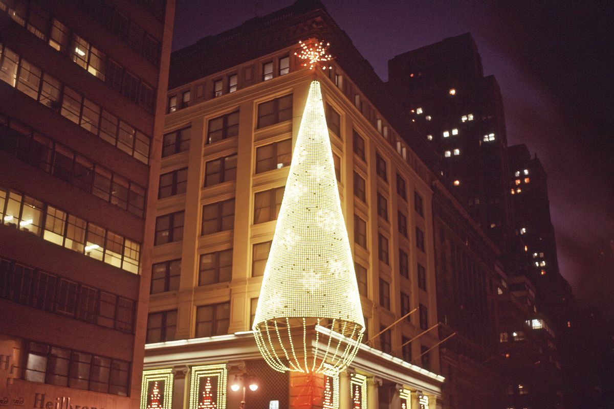 Exterior view of EJ Korvette department store on 5th Avenue (at East 47th Street), decorated for the holidays with a 5-story tall, Christmas Tree made of lights, New York, New York, December 1969. (Walter Leporati/Getty Images)