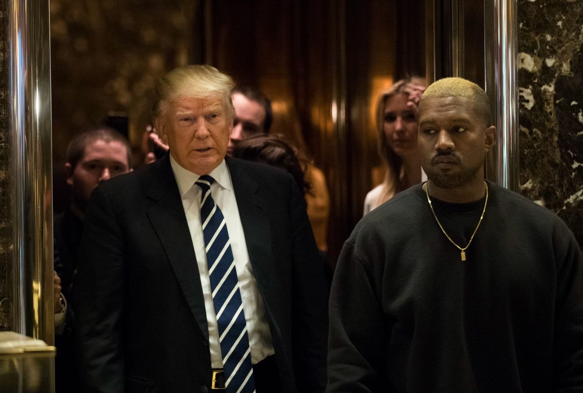 Former President Donald Trump and Kanye West exit an elevator and walk into the lobby at Trump Tower, December 13, 2016 in New York City. (Drew Angerer/Getty Images)