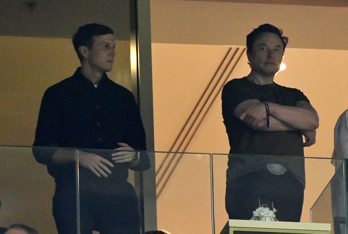 Jared Kushner and Elon Musk look on during the FIFA World Cup Qatar 2022 Final match between Argentina and France at Lusail Stadium on December 18, 2022 in Lusail City, Qatar. (Dan Mullan/Getty Images)
