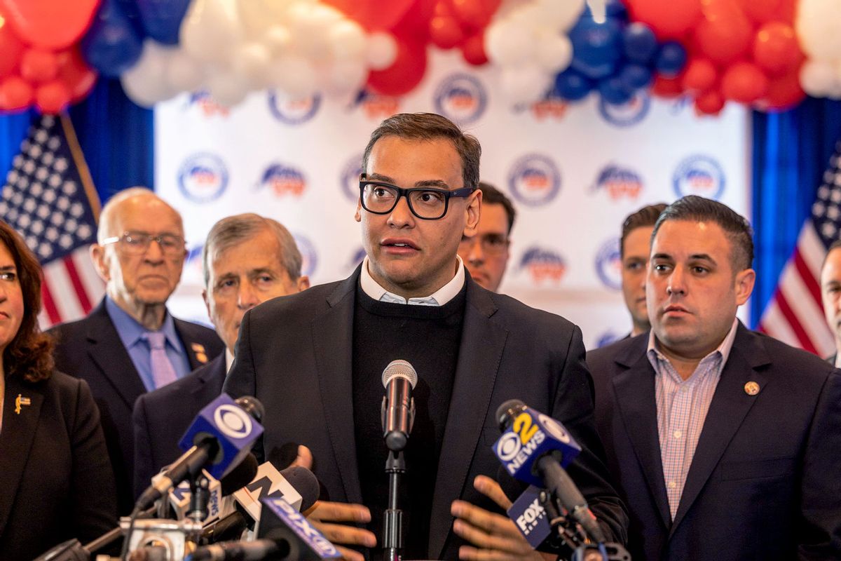 Congressman-elect George Devolder Santos joined the newly elected GOP members of the Senate and Congress during a press conference on November. 9, 2022 in Baldwin, New York. (Alejandra Villa Loarca/Newsday RM via Getty Images)