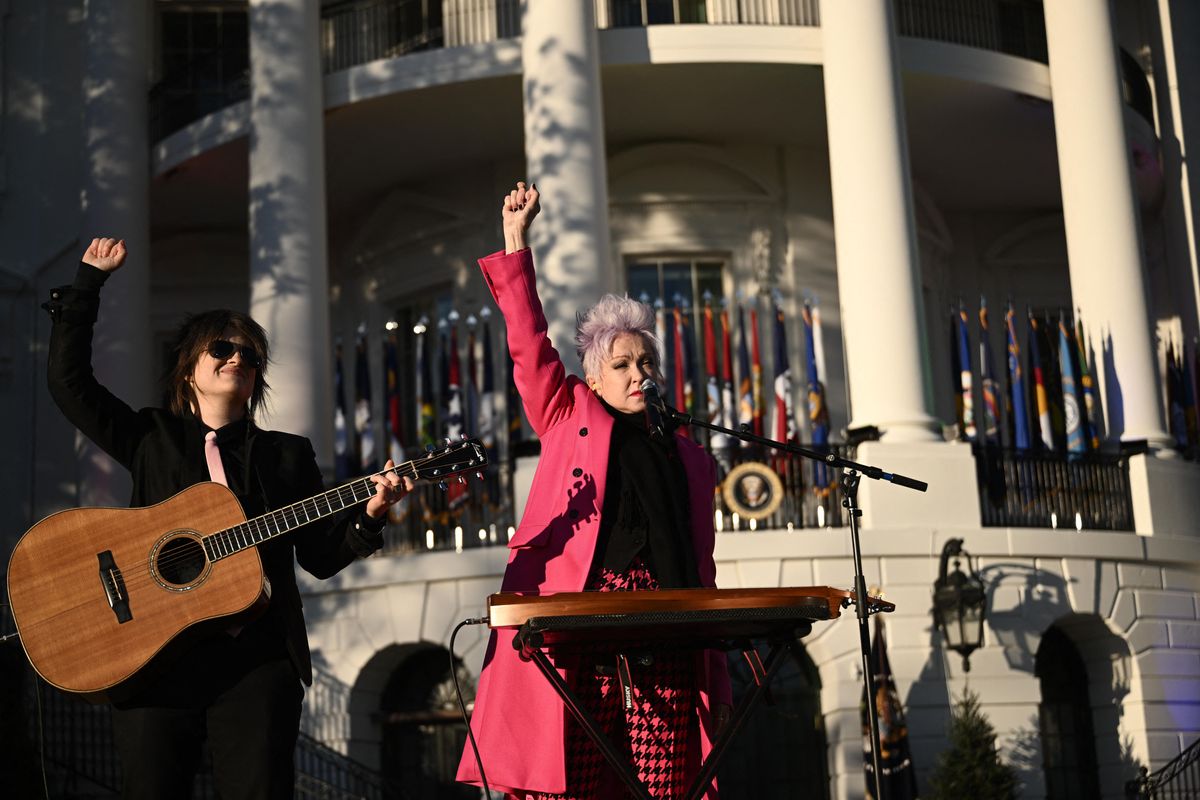 Cyndi Lauper performs before President Joe Biden signs the Respect for Marriage Act on the South Lawn of the White House in Washington on Dec. 13, 2022. (Brendan Smialowski/AFP via Getty Images)