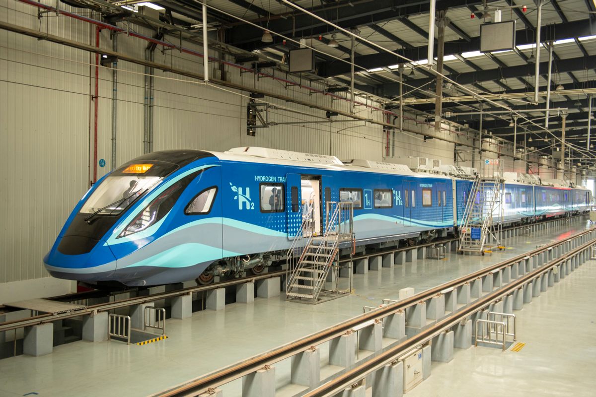 The world's first hydrogen energy urban train rolls off the assembly line at a branch of CRRC Changchun Railway Vehicles Co., Ltd on Dec. 28, 2022, in Chengdu, Sichuan Province, China. (Liu Zhongjun/China News Service/VCG via Getty Images)