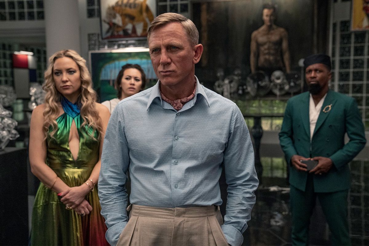 Kate Hudson as Birdie, Jessica Henwick as Peg, Daniel Craig as Detective Benoit Blanc, and Leslie Odom Jr. as Lionel in "Glass Onion: A Knives Out Mystery" (John Wilson/Netflix)