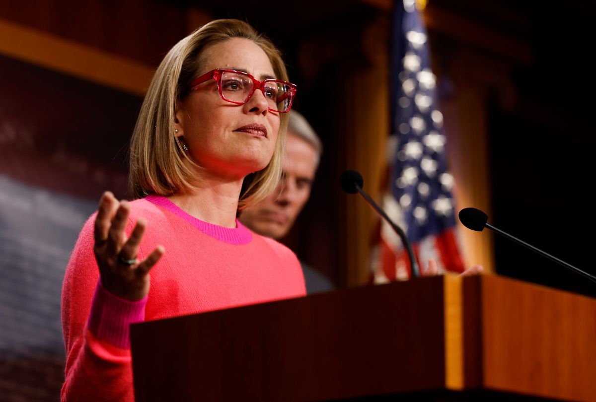 Sen. Kyrtsen Sinema speaks at a news conference after the Senate passed the Respect for Marriage Act at the Capitol Building on November 29, 2022 in Washington, DC.  (Anna Moneymaker/Getty Images)