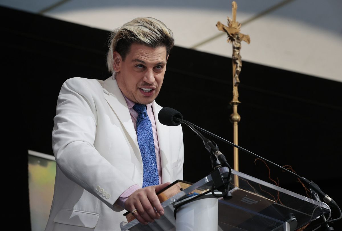 British far-right political pundit Milo Yiannopoulos hosts the ‘Bishops Enough Is Enough’ rally at the MECU Pavilion November 16, 2021 in Baltimore, Maryland. (Chip Somodevilla/Getty Images)
