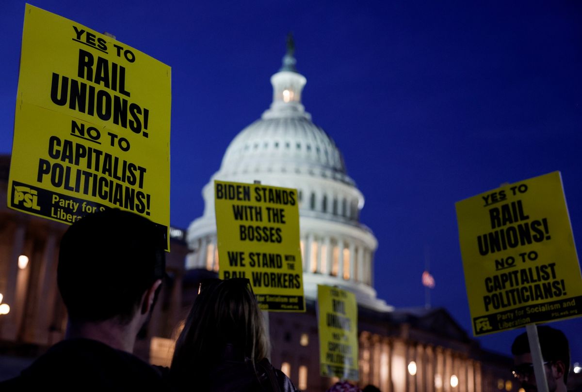 Activists in support of unionized rail workers protest outside the U.S. Capitol Building on November 29, 2022 in Washington, DC.  (Anna Moneymaker/Getty Images)