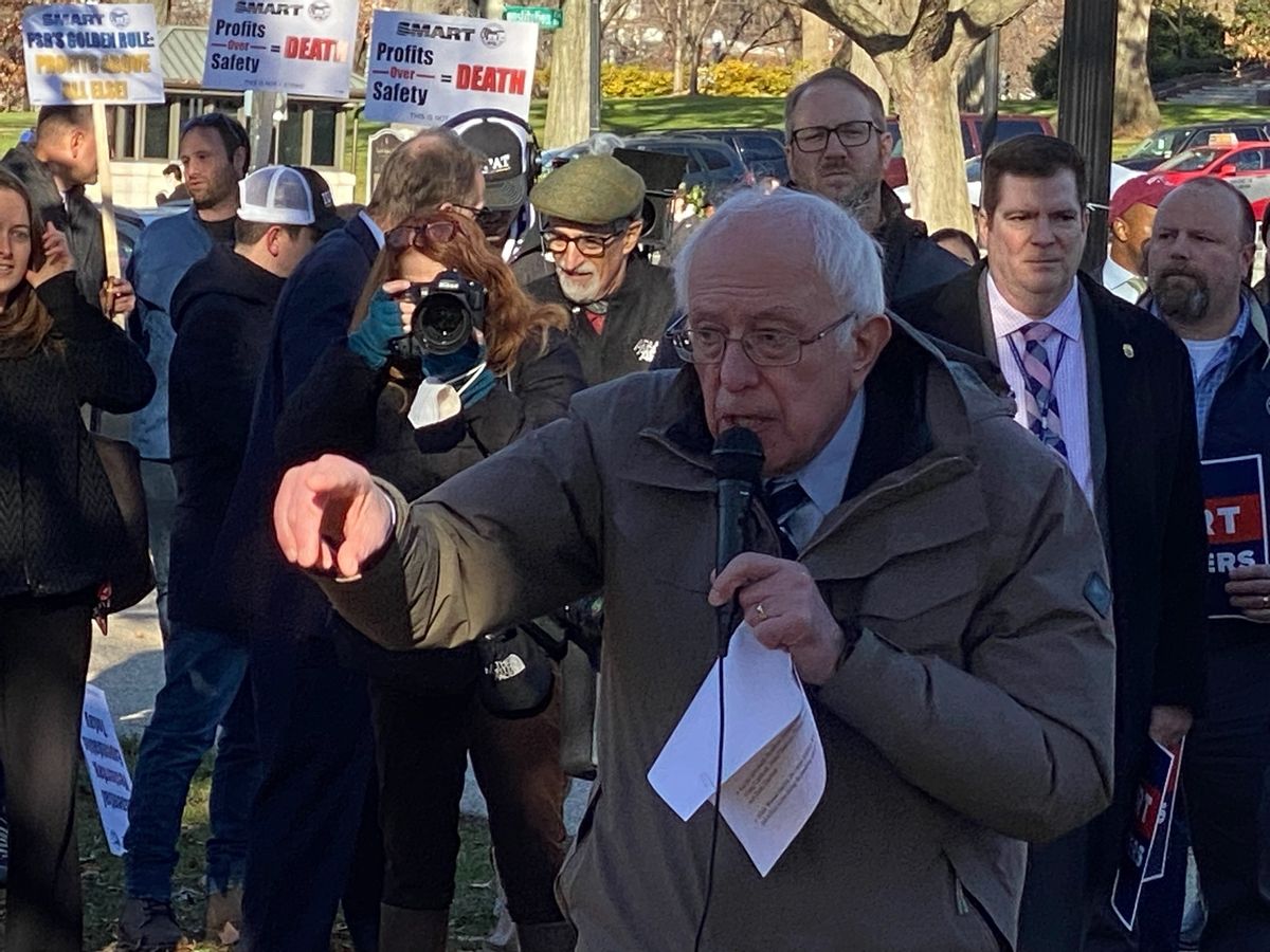 Sen. Bernie Sanders, I-Vt., addresses rail union workers at a rally near the U.S. Capitol on Dec. 13, 2022. (Bob Hennelly)