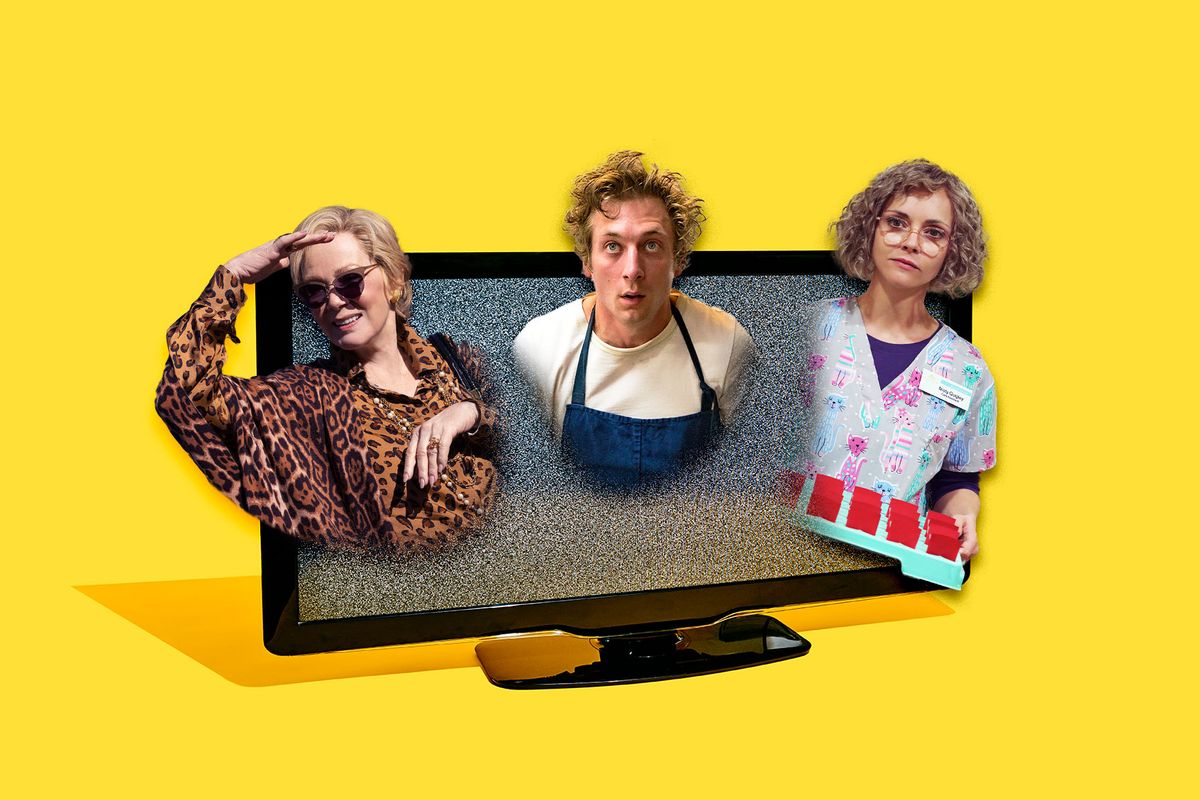 Jean Smart from "Hacks," Jeremy Allen White from "The Bear" and Christina Ricci from "Yellowjackets" popping out of a television (Photo illustration by Salon/Getty Images/FX/HBO Max/SHOWTIME)