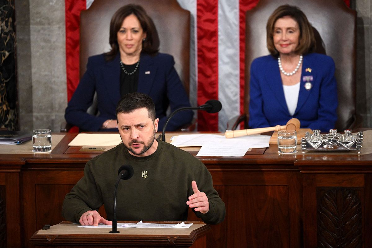 Ukraine's President Volodymyr Zelensky addresses the US Congress flanked by US Vice President Kamala Harris (L) and US House Speaker Nancy Pelosi (D-CA) at the US Capitol in Washington, DC on December 21, 2022. (MANDEL NGAN/AFP via Getty Images)