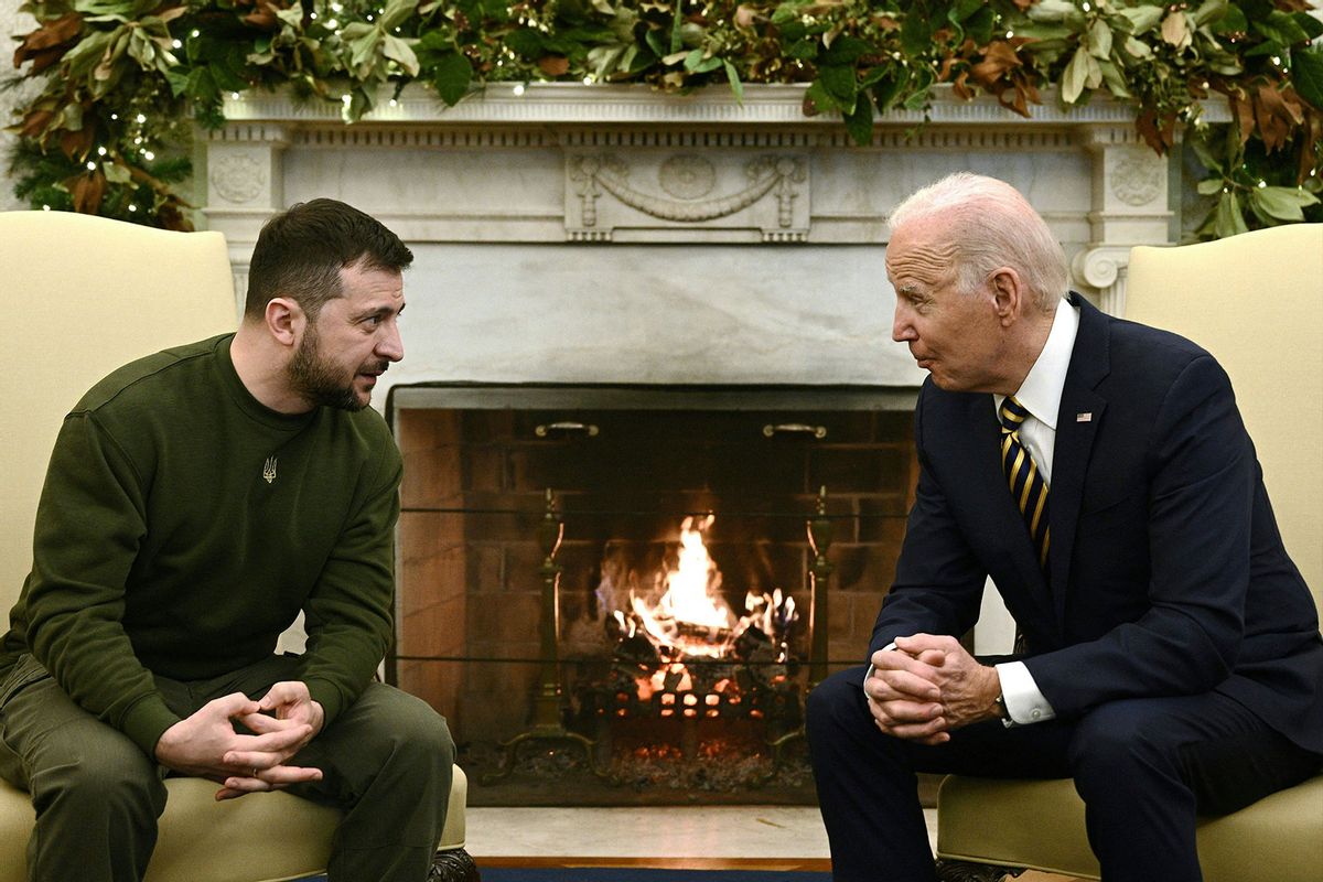 US President Joe Biden and Ukraine's President Volodymyr Zelensky meet in the Oval Office of the White House, in Washington, DC on December 21, 2022. (BRENDAN SMIALOWSKI/AFP via Getty Images)