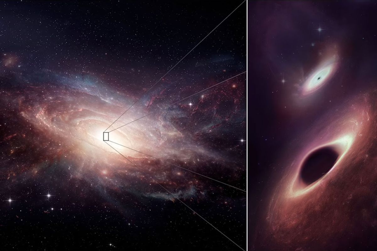This artist’s conception shows a late-stage galaxy merger and its two newly-discovered central black holes. (ALMA (ESO/NAOJ/NRAO) / M. Weiss, NRAO/AUI/NSF)