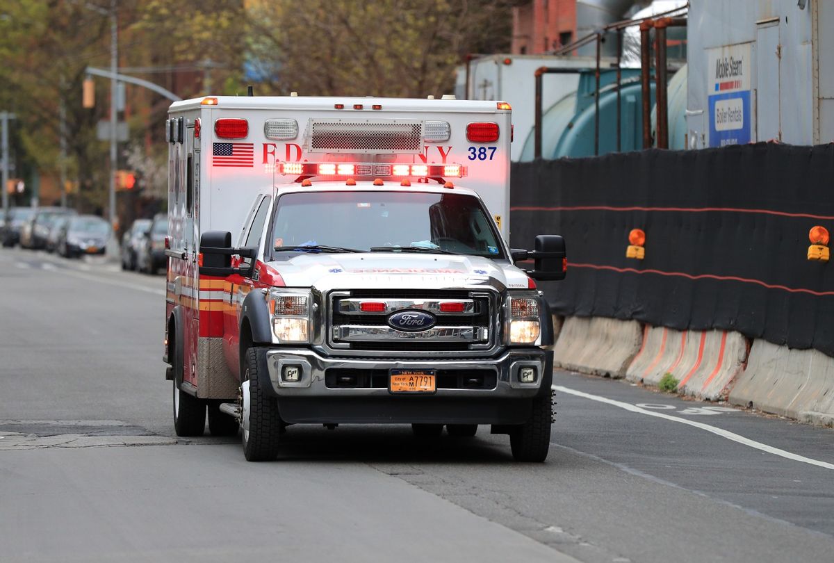 A FDNY ambulance approaches the entrance to the Brooklyn Hospital Center on April 23, 2020 in the Clinton Hill neighborhood of the Brooklyn borough of New York City.  (Mike Lawrie/Getty Images)