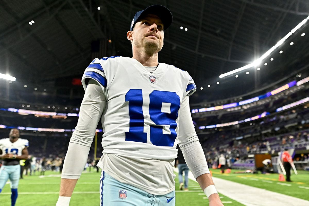 Brett Maher #19 of the Dallas Cowboys walks off the field after defeating the Minnesota Vikings at U.S. Bank Stadium on November 20, 2022 in Minneapolis, Minnesota. (Stephen Maturen/Getty Images)