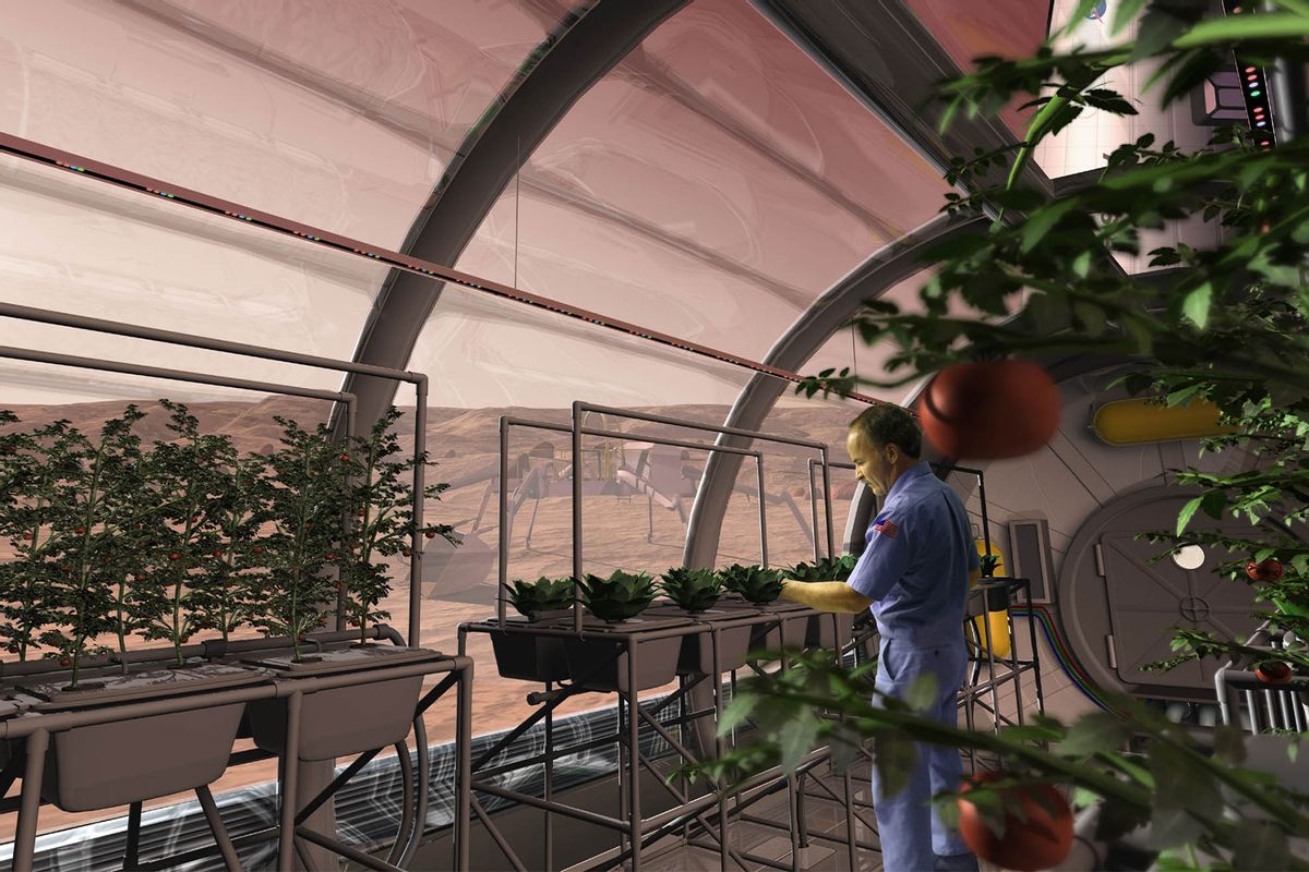 An artist's concept depicts a greenhouse on the surface of Mars. (NASA/SAIC)