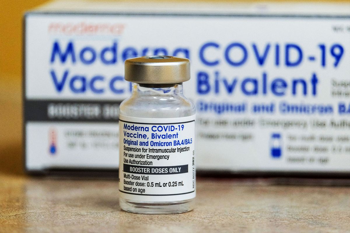 This photo shows a vial of the Moderna Covid-19 vaccine, Bivalent, at AltaMed Medical clinic in Los Angeles, California, on October 6, 2022. (RINGO CHIU/AFP via Getty Images)