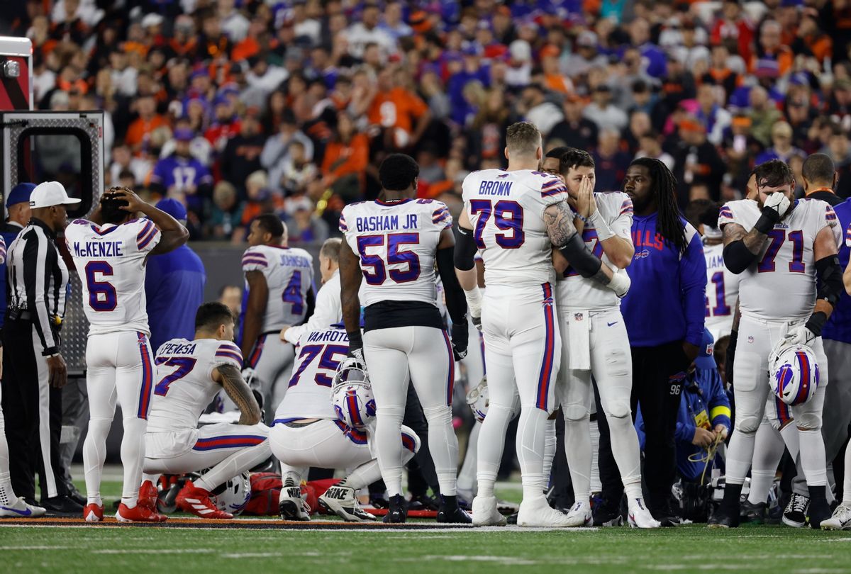 Buffalo Bills players react after teammate Damar Hamlin was injured against the Cincinnati Bengals during the first quarter at Paycor Stadium on January 02, 2023 in Cincinnati, Ohio.  (Kirk Irwin/Getty Images)