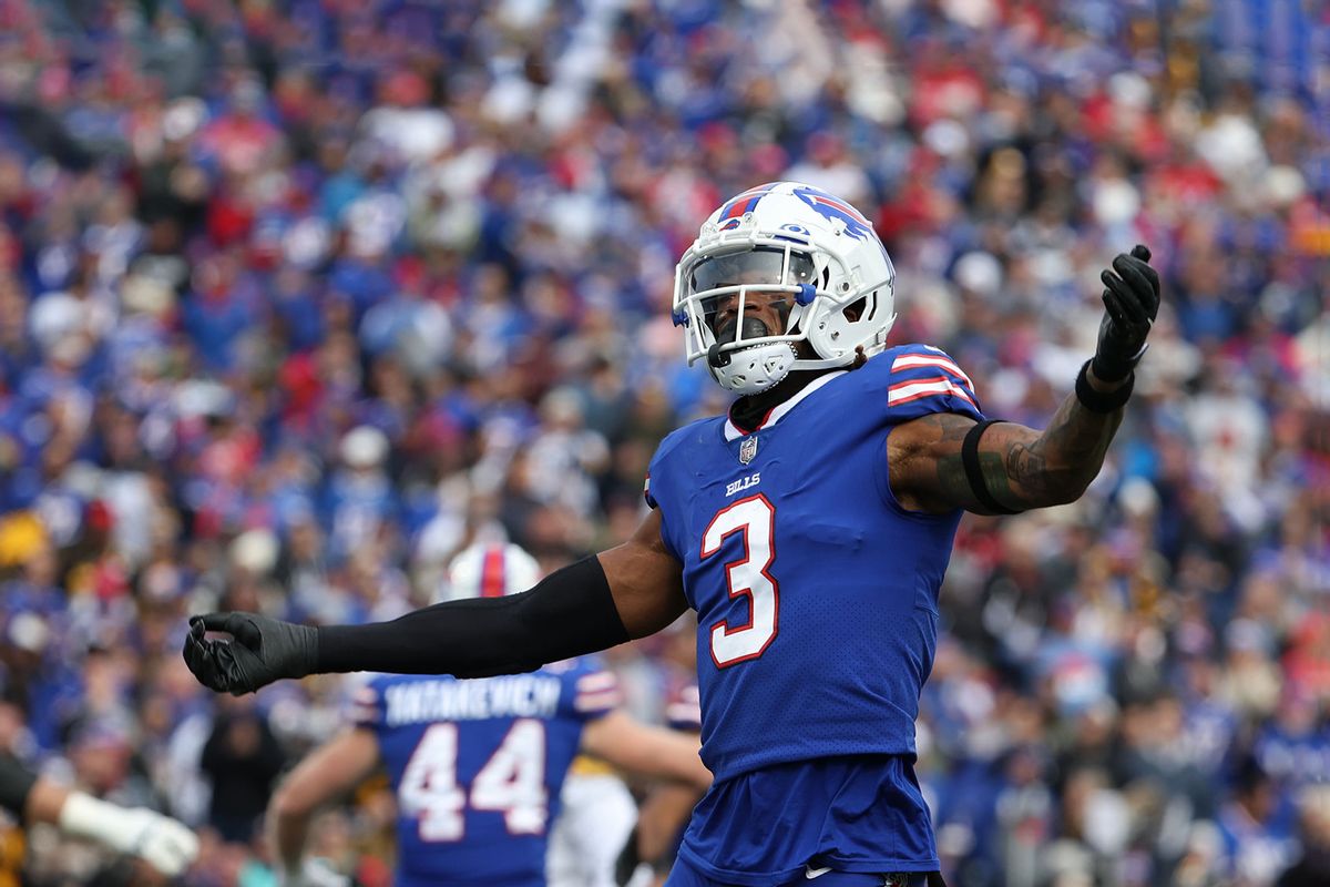 Damar Hamlin #3 of the Buffalo Bills celebrates a play against the Pittsburgh Steelers at Highmark Stadium on October 9, 2022 in Orchard Park, New York (Timothy T Ludwig/Getty Images)