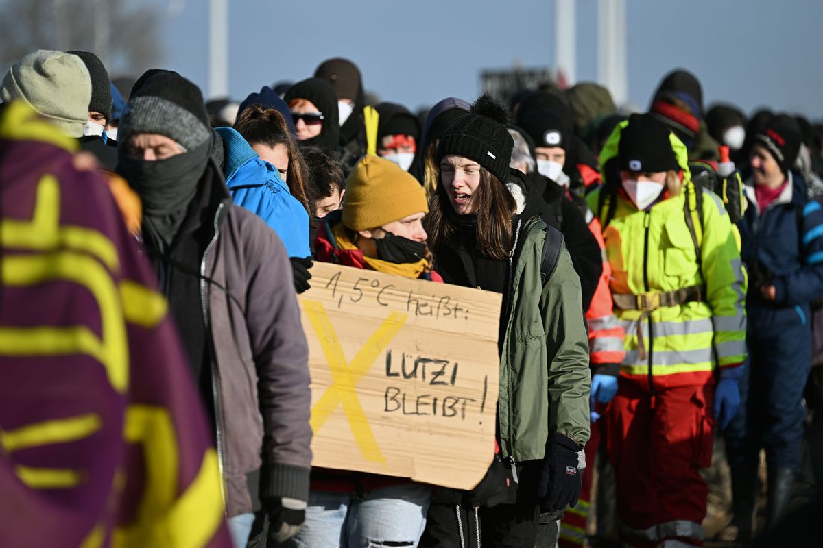 Activists and coal opponents take part in a demonstration procession, a protest action by climate activists after the evacuation of Lützerath. (Federico Gambarini/picture alliance via Getty Images)