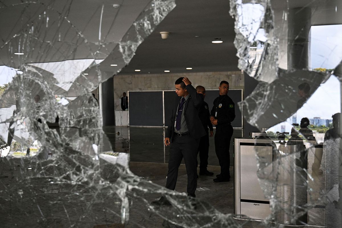 Partial view of one of the entrances of Planalto Presidential Palace destroyed by supporters of Brazilian former President Jair Bolsonaro during an invasion, in Brasilia on January 9, 2023. (CARL DE SOUZA/AFP via Getty Images)