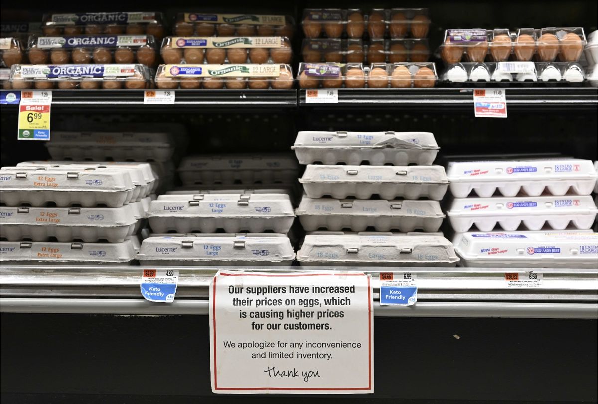Egg shelves are seen with a note apologizing to customers for the price increase in New York, United States on January 21, 2023.  (Fatih Aktas/Anadolu Agency via Getty Images)