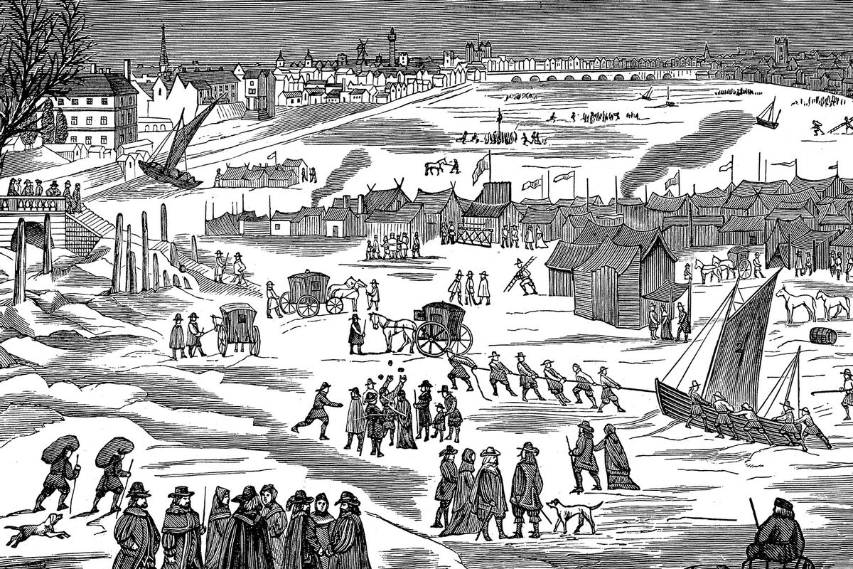 Frost Fair on the Thames at London, 1683. Winters in Britain were often particularly cold in the 17th and 18th centuries, a period known as the 'Little Ice Age'. (Ann Ronan Pictures/Print Collector/Getty Images)