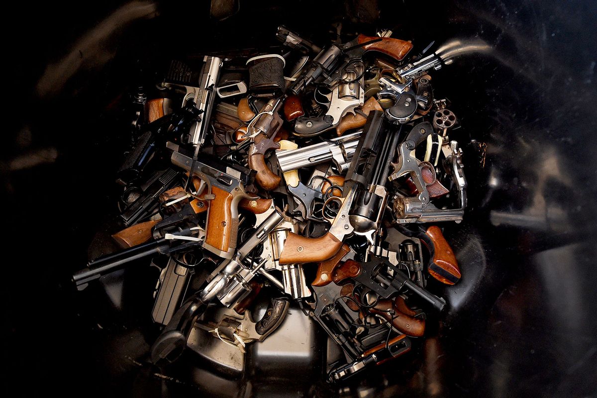 Handguns that were swapped for gift cards during a Los Angeles Police Department sponsored gun buyback event in Los Angeles, California on December 13, 2014. (MARK RALSTON/AFP via Getty Images)