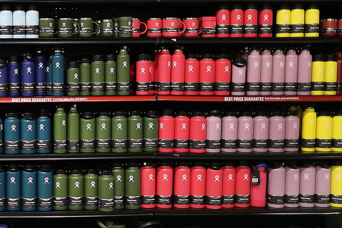 A colorful range of Hydroflask bottles are displayed at Dick's Sporting Goods in North Attleboro, MA on Nov. 26, 2019. (John Tlumacki/The Boston Globe via Getty Images)