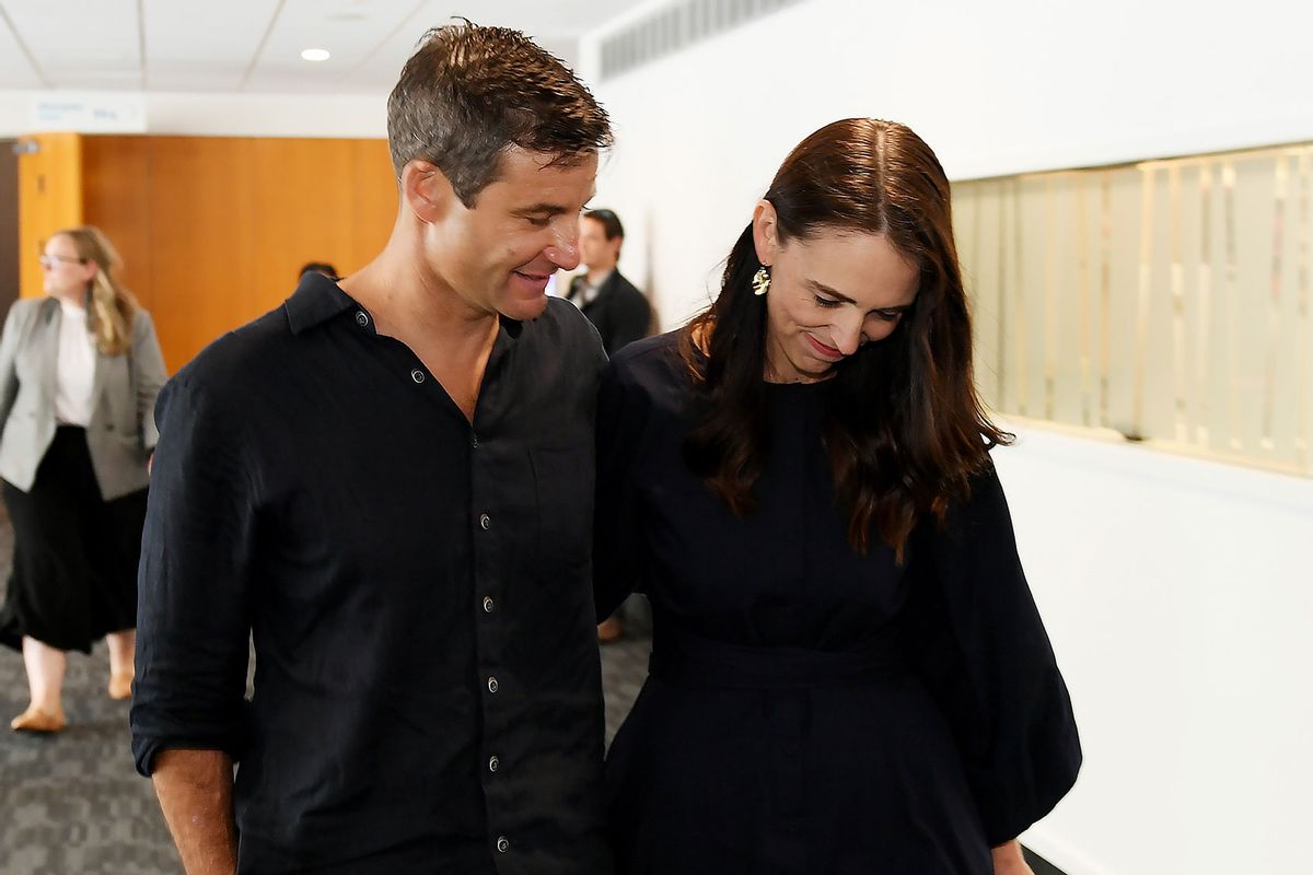 New Zealand Prime Minister Jacinda Ardern and partner Clarke Gayford leave after she announces her resignation at the War Memorial Centre on January 19, 2023 in Napier, New Zealand. (Kerry Marshall/Getty Images)