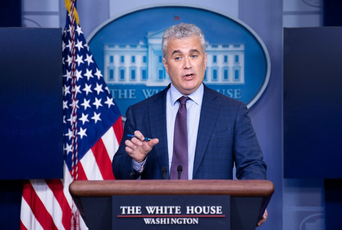 Jeff Zients, the White House's Covid-19 response czar, speaks during a press briefing at the White House on April 13, 2021, in Washington, DC.  (BRENDAN SMIALOWSKI/AFP via Getty Images)