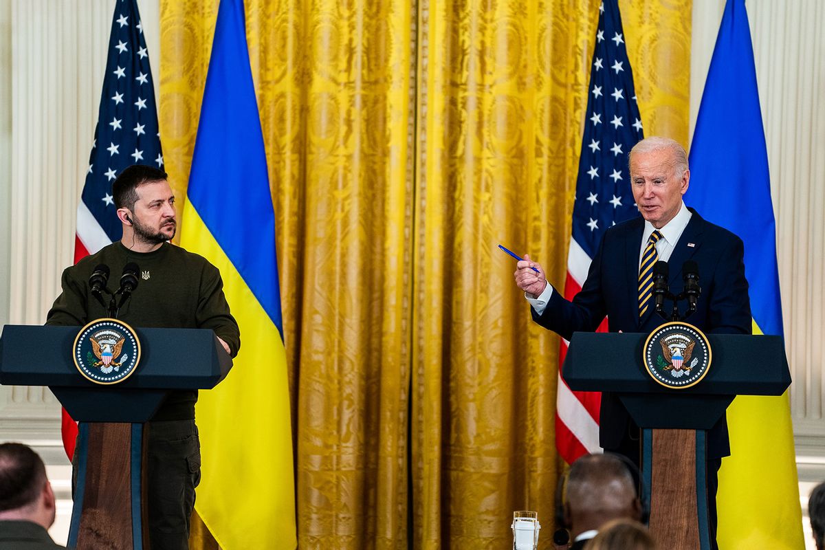 US President Joe Biden and President of Ukraine Volodymyr Zelensky during a joint press conference in the East Room of the White House on Wednesday December 21, 2022. (Demetrius Freeman/The Washington Post via Getty Images)