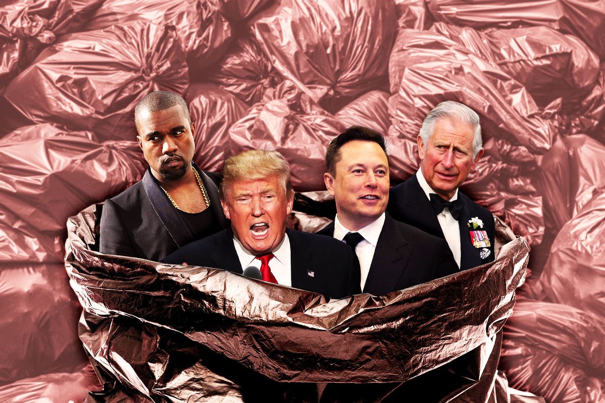 Kanye West, Donald Trump, Elon Musk and King Charles in the trash (Photo illustration by Salon/Getty Images)